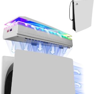 Console Cooling Fan with Dust Cover Colorful LED Light for PS5 Console Disc Edition & Digital Edition Silent Absorb Fan Cooler with 2 USB Port PlayStation 5 Cooling System