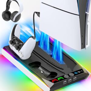 PS5/Slim/Pro Stand for Disc & Digital Console, PS5 Cooling & Charging Station with RGB Ambient Lighting, PS5 Controller Charger Built-in 3 Level Fan, PS5/Slim/Pro Accessories Comes 3 USB Ports