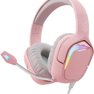 هدست بازی کوسه سیاه برای رایانه های شخصی ، PS4 ، PS5 ، Xbox ، Switch ، هدفون بازی همه در 1 با میکروفن قابل خم شدن بسیار تمیز ، درایورهای پویا 50 میلی متر ، کوسن های گوش جداسازی سر و صدا ، کنترل های درون خط-صورتی