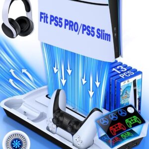 PS5 Slim Stand and Turbo Cooling Station with Controllers Charger Station for Playstation 5, PS5 Pro Console Accessories with 3 Levels Cooling Fan 13-Game Organizer Headset Holder for PS5 Digital/Disc