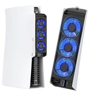 for PS5 Cooling Fan with Led Light, Quiet for PS5 Fan Cooling Fan HUIJUTCHEN for PS5 Cooler Cooling Fan for Playstation 5 fan with 3 Small Fans 3.0 USB Port 2 Fan Speed Setting fan (Not Compatible with PS5 Slim/Pro)