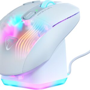 لاک پشت ساحل Kone XP هوا بی سیم قابل تنظیم ماوس بازی ارگونومیک RGB ، بلوتوث ، سنسور نوری 19K DPI ، باتری 100 ساعته و اسکله شارژ ، 29 ورودی قابل برنامه ریزی و روشنایی RGB ، چرخ 4D-سفید