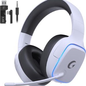 هدفون بازی های بی سیم 2.4 گیگاهرتز برای PS5 ، PS4 ، PC ، سوئیچ - بلوتوث 5.3 هدفون بازی با میکروفن لغو نویز ، صدای فراگیر 7.1 ، باتری 70H ، روشنایی آبی - سفید
