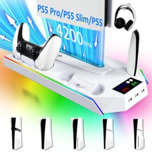 PS5/Slim/Pro Stand and Cooling Station with LED Controller Charging Station for PlayStation 5 Console,Accessories Incl.Controller Charger,PS5 Cooling Fan,Headset Holder,3 USB Hub(Upgraded)