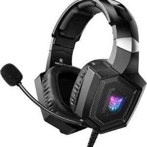 هدست بازی با میکروفون ، هدفون بازی سازگار با PS4 PS5 Xbox PC با چراغ RGB ، هدست پلی استیشن با کاهش نویز 7.1 صدای فراگیر گوش بیش از حد گوش و سیم 3.5 میلی متر جک (سیاه)