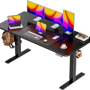 Huuger 55 X 28 میز ایستاده برقی بزرگ ، میز رایانه قابل تنظیم ارتفاع ، 27.6 اینچ دسک تاپ عمیق ، میز دفتر بازی ایستاده با 2 قلاب ، 3 ارتفاع از پیش تعیین شده ، برای دفتر خانه ، سیاه