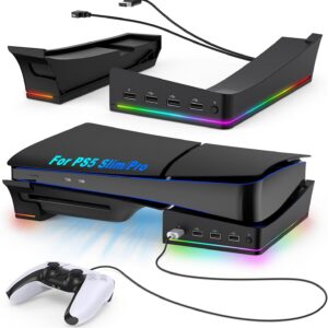 Auarte RGB Horizontal Stand for PS5 Pro / Slim Console Accessories with 14 Light Mode and 4 USB Hubs, Side Stand for Playstation 5 Pro / Slim Disc & Digital, Base Holder with Fast Charging, Carbon Black