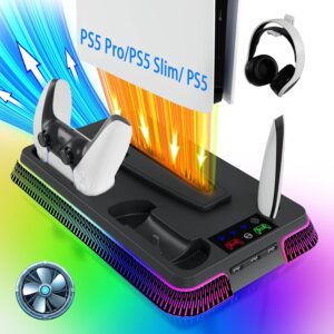 PS5 Pro Stand and Cooling Station, Dual Controller Charging for PlayStation 5 Console,PS5 Stand with Controller Charger, PS5/PS5 Slim Holder with Cooling Fan,RGB Lights, Headset Holder, 3 USB Hub