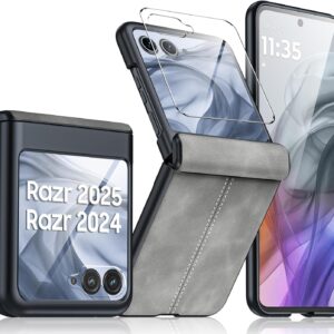 برای Motorola Razr 2024 Case/RAZR 2025 Case ، محافظ صفحه نمایش داخلی و محافظت از لولا و چرمی فوق العاده Thin PU Matte PC Cover Phone Phone Cover تلفن هوشمند برای Moto Razr 2024/2025 (خاکستری)