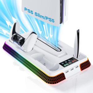 PS5 Cooling Station, PS5 Stand RGB and Turbo Fan with Dual Charging Station for PlayStation 5, P5 Accessories Kits, Vertical Stand with 3 Levels Cooling Fan, Headset Holder