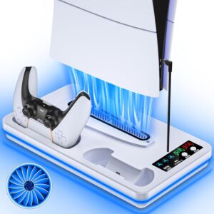 PS5/PS5 Slim/PS5 Pro Stand and Cooling Station with Controller Charging Station for PlayStation 5 Slim&Standard Disc/Digital Console, 10 Light PS5 Cooler Accessories Incl 3 Levels Cooling Fan