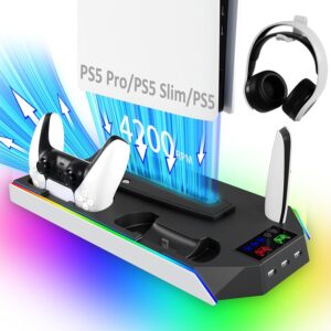 PS5 Pro Cooling Station and Stand with Dual Controller Charging Station for PlayStation 5 Console,PS5/Slim/Pro Accessories incl.Controller Charger,PS5 Cooling Fan,Headset Holder,3 USB Hub-RGB