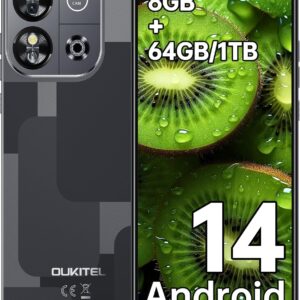 OUKITEL ناهموار Android 14 تلفن ، 64 گیگابایتی ROM + 128 گیگابایتی قابل ارتقا ، 8 گیگابایت رم ، طراحی تقویت شده ، نسخه نقره ای براق