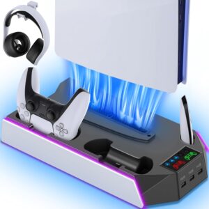 PS5/PS5-Slim-Cooling-Station-with-Controller-Charging-Station for PlayStation 5 Console Disc/Digital, LED RGB Light Cooling Stand with Cooler Fan for PS5 Accessories with 3 USB Hubs/Headset Holder