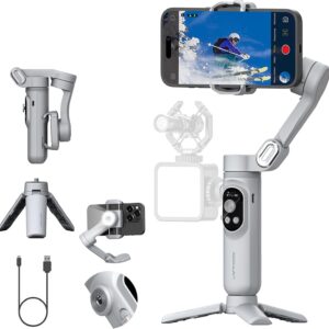 تثبیت کننده گیمبال برای تلفن های هوشمند با ردیابی صورت/شیء برای آیفون 15 14 Pro Max Android ، تلفن 3 محوره تاشو گیمبال w/چراغ داخلی ، 1/4 نخ برای Tiktok YouTube Vlogging (Smart X Gray)
