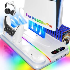 PS5 Cooling Station for PS5/Slim/Pro Disc Digital Console,PS5 Fan Cooling Fan with Dual PS 5 Controller Charger,3 Level Fan, RGB Light,12 Slot, PS5/Slim/Pro Stand for PlayStation 5 Console Accessories