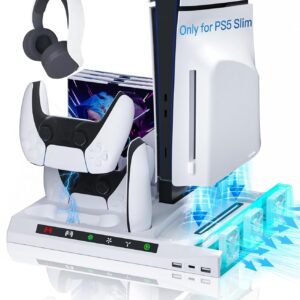 PS5 Slim Cooling Station,Charging Controller,Featuring Three Adjustable Cooling Fan,Compatible with Disc&Digital Editions,It's PlayStation 5 Slim Ideal Accessories (White)