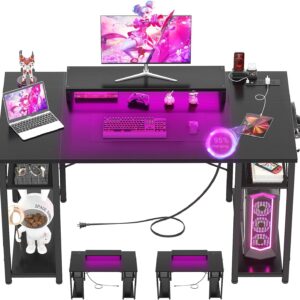 میز رایانه Armocity با چراغ های LED ، میز بزرگ برگشت پذیر 48 اینچ با پریز برق و USB ، جدول رایانه شخصی 48 '' با پایه مانیتور متحرک برای دفتر خانه ، ایستگاه کاری ، سیاه