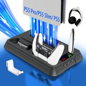 PS5 Cooling Station,PS5 Slim Stand with Controller Charging Station fits PlayStation 5 Standard Disc/Digital Console and PS5/Pro,PS5/Slim Accessories Incl.Charger/Turbo Fan/3-USB Hub/Headset Holder