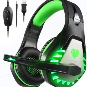هدست بازی Pacrate با میکروفون برای رایانه های شخصی ، PS4 ، PS5 ، سوئیچ ، Xbox Series X/S ، هدفون بازی لغو نویز با چراغ های LED برای بزرگسالان بچه ها ، سبز سیاه