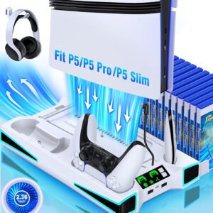 LIFUFUTEE PS5 Stand, PS5/Slim/Pro Cooling Station with 2.36in Cooling Fan, Controller Charger Station for PS5 Accessories, Light, Headset Holder, 3 Charger Ports for PlayStation 5 Slim/Pro Console
